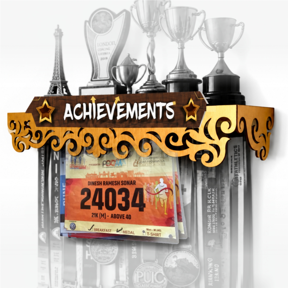 1 Achievement Bib Hanger Shelf | 3 in One Achievement Bib Hanger Shelf | 3 in One | Medals, Trophy & Bib Hanger Shelf | Produd Display for every Sports Achievements