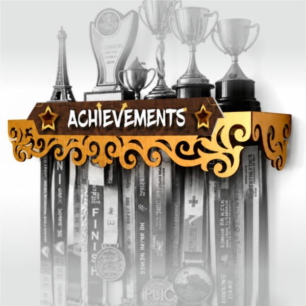 Premium (AS) Achievements Medals Display Hanger Shelf | 2 in 1 Display | Medals & Trophys Premium Unique Display | Holds 60+ Medals | 3-5 Trophys for Athletes