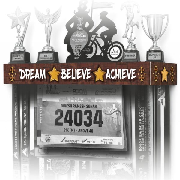 Dream Believe Achieve Shelf | 3-in-1 Medals & Trophy Holder | Holds 60+ Medals & 3-5 Trophies, Bib/Photo pouch for Athletes & Fitness Enthusiasts