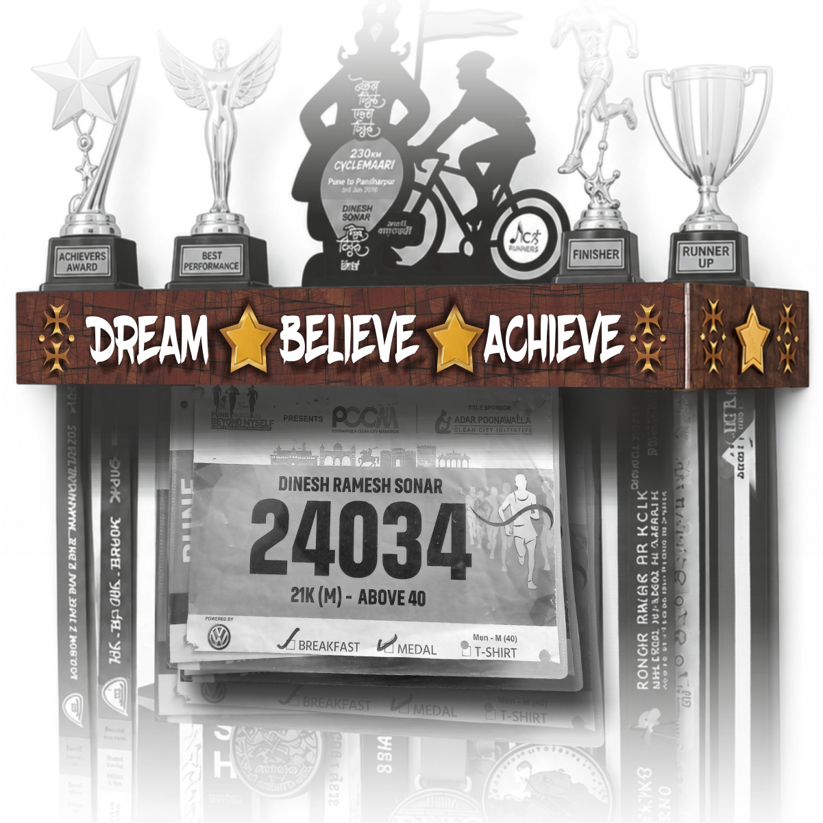 DBA 1 - Dream Believe Achieve Shelf | 3-in-1 Dream Believe Achieve Shelf | 3-in-1 Medals & Trophy Holder | Holds 60+ Medals & 3-5 Trophies, Bib/Photo pouch for Athletes & Fitness Enthusiasts